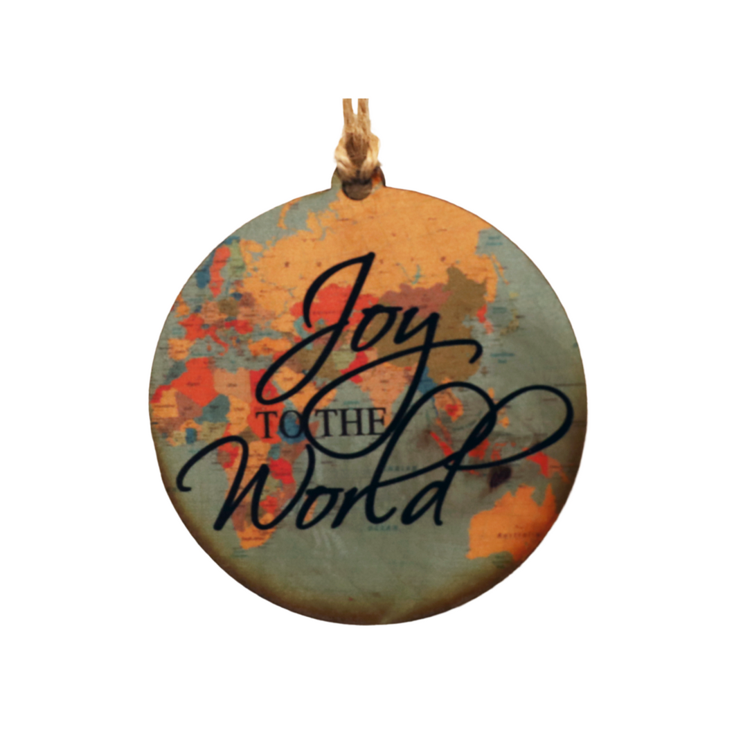 Joy to the World 3.25 inch round maple wooden ornament
