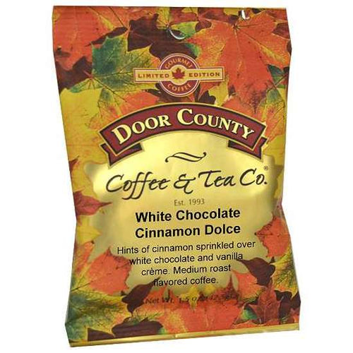 1.5oz Coffee full-pot-bag decorated in autumn leaves, you are able to enjoy 10 cups of this medium roast, low acidity flavored coffee allows you to sip your favorite white chocolate blend, sprinkled with cinnamon and vanilla creme for the perfect fall flavored coffee.  Roasted locally in Door County, Wisconsin.